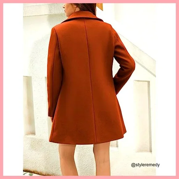 Wool Blend Pea Coat Notched Collar Double Breasted Midi Trench
